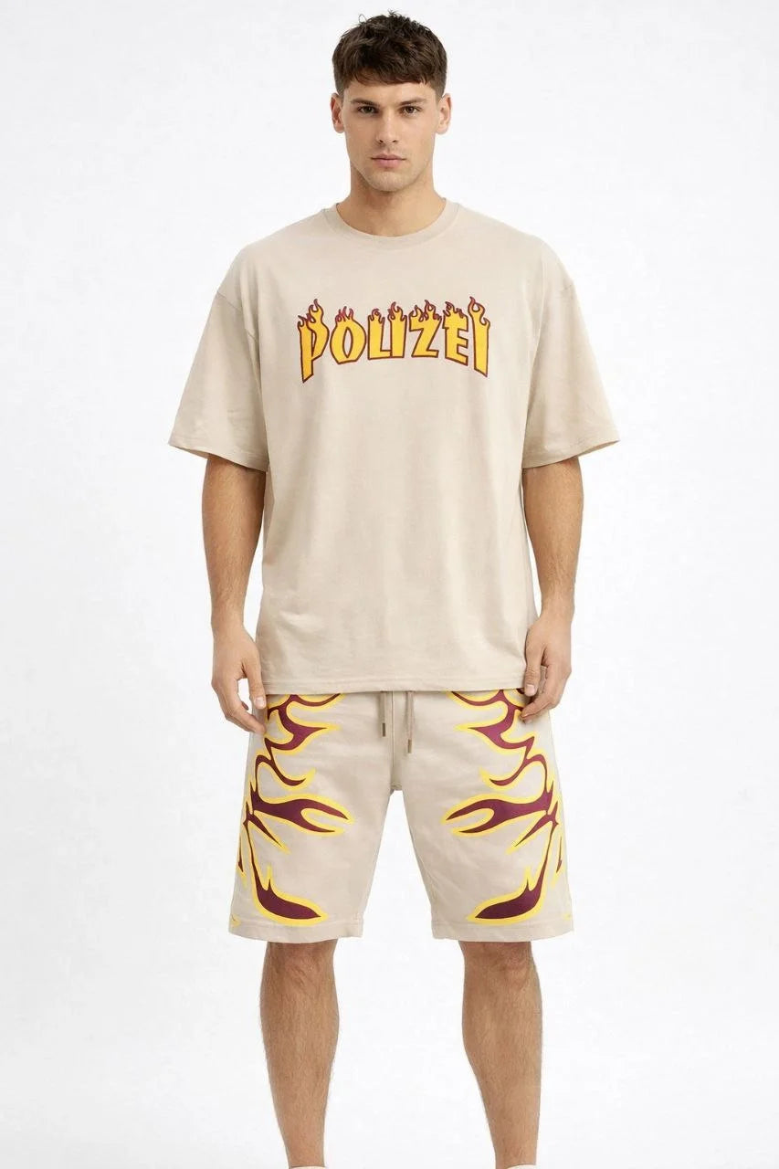 ASSEMA Erkek Bej Oversize Baskılı Tişört Şort Takım Cepli Şort Yazlık Rahat Günlük Kombin - Bej