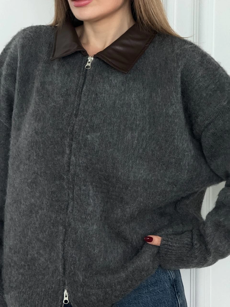 ASSEMA Kadın Deri Yakalı Pamuk dokulu Çift Taraflı Çalışan Fermuar Ceket - Füme