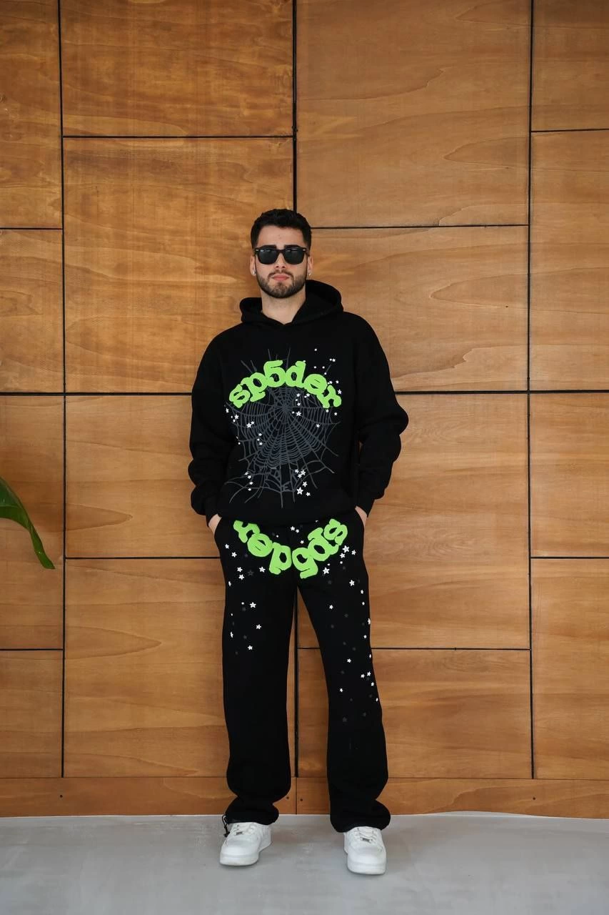ASSEMA Erkek Kapüşonlu Eşofman Takım Örümcek Ağı ve Neon Yeşil Baskılı Kanguru cepli - Siyah