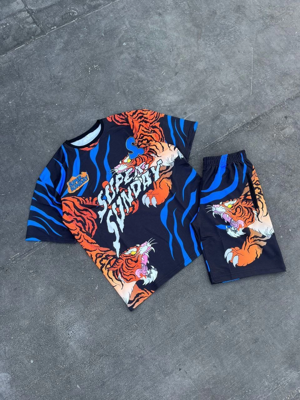 ASSEMA Erkek Dijital Baskılı Şortlu Kısa kol Alt-Üst Takım - Mavi