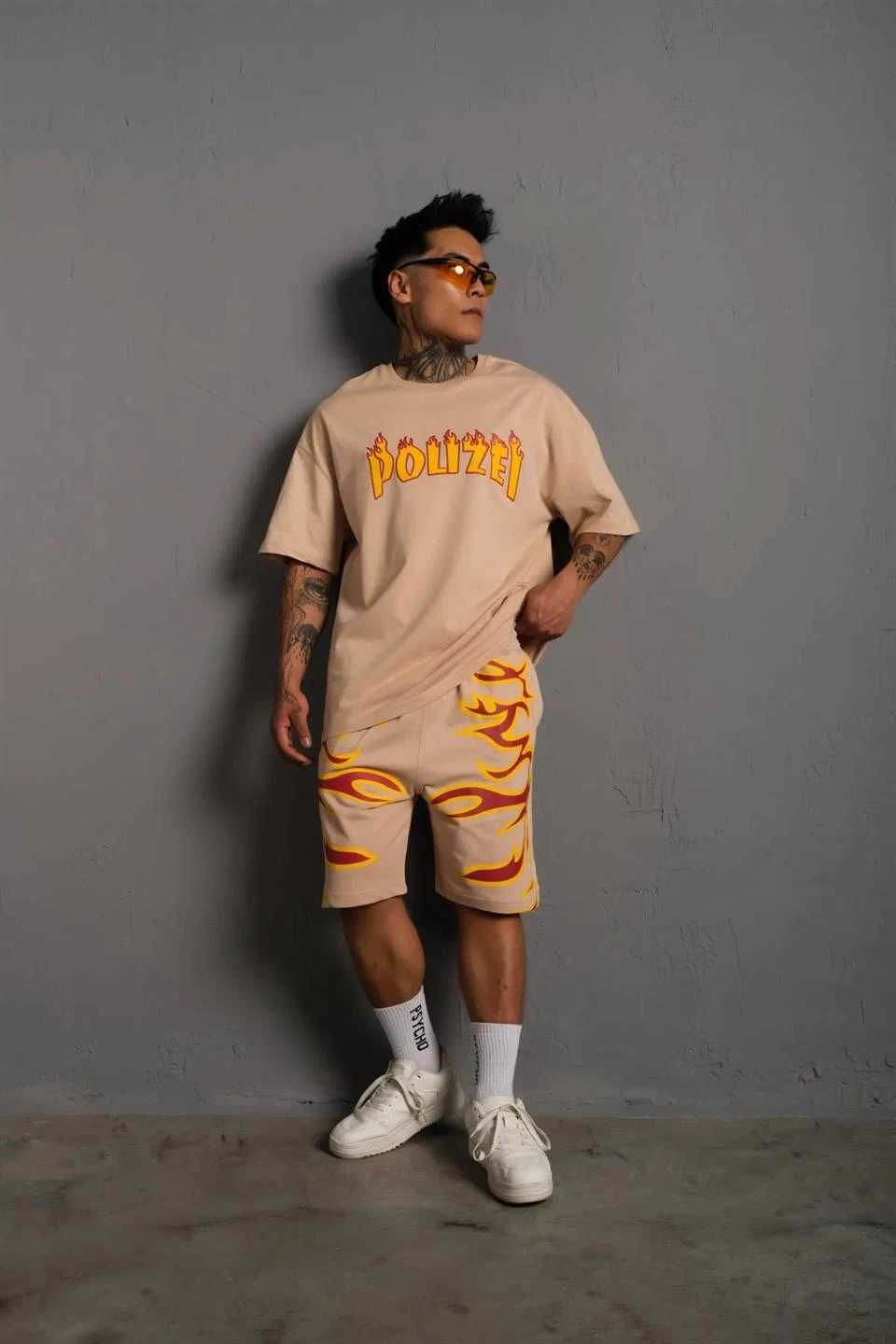 ASSEMA Erkek Alev Baskılı İkili Şortlu Takım - Bej