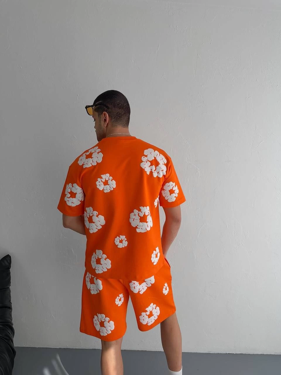 ASSEMA Erkek İki İplik Kumaş Baskılı T-shirt Şortlu Alt-Üst Takım- Turuncu