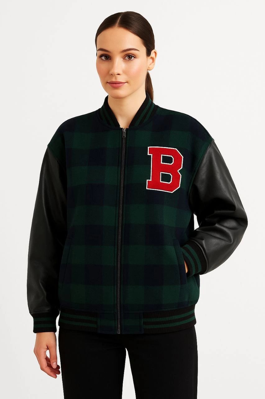 ASSEMA Kadın Kolej Ceket Kareli Oduncu Kolları Suni Deri Fermuarlı İçi Kapitone Astarlı - Haki