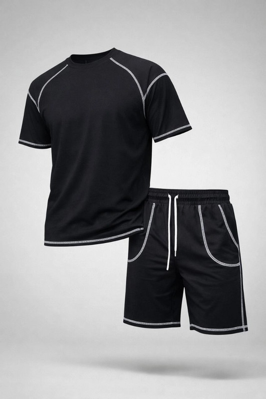 ASSEMA Erkek Spor Tişört Şort Takım Kontrast Dikiş Detaylı Ovarsize rahat kalıp - Siyah