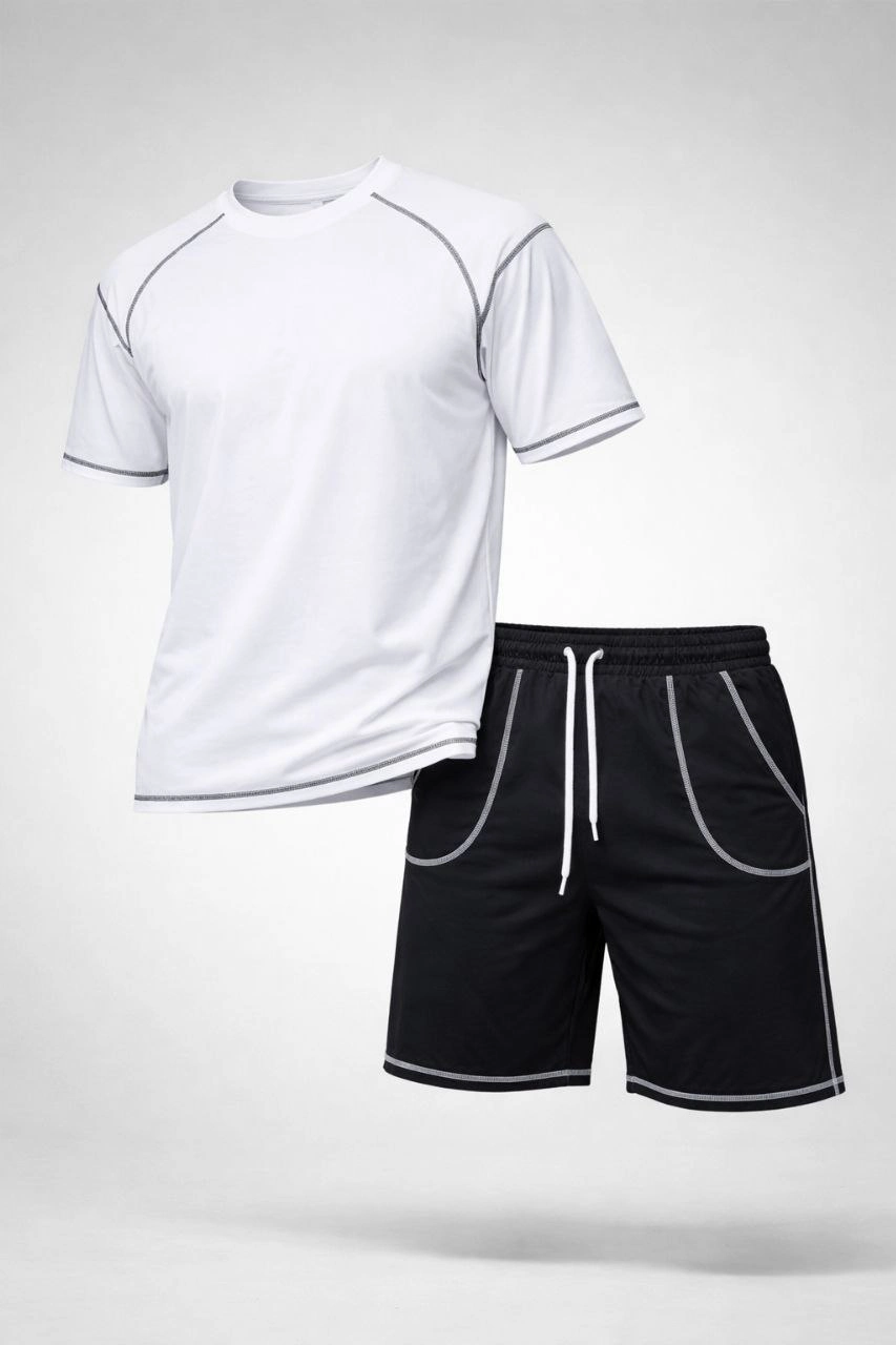 Erkek Kısa Kol Oversize Kalıp Tişört Şort ikili Takım Kontrast Dikişli - Beyaz