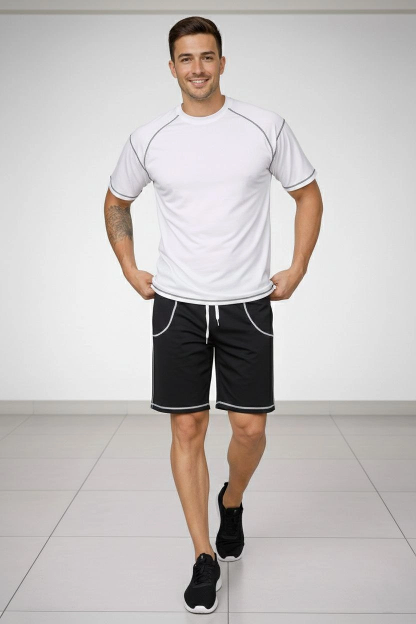 Erkek Kısa Kol Oversize Kalıp Tişört Şort ikili Takım Kontrast Dikişli - Beyaz