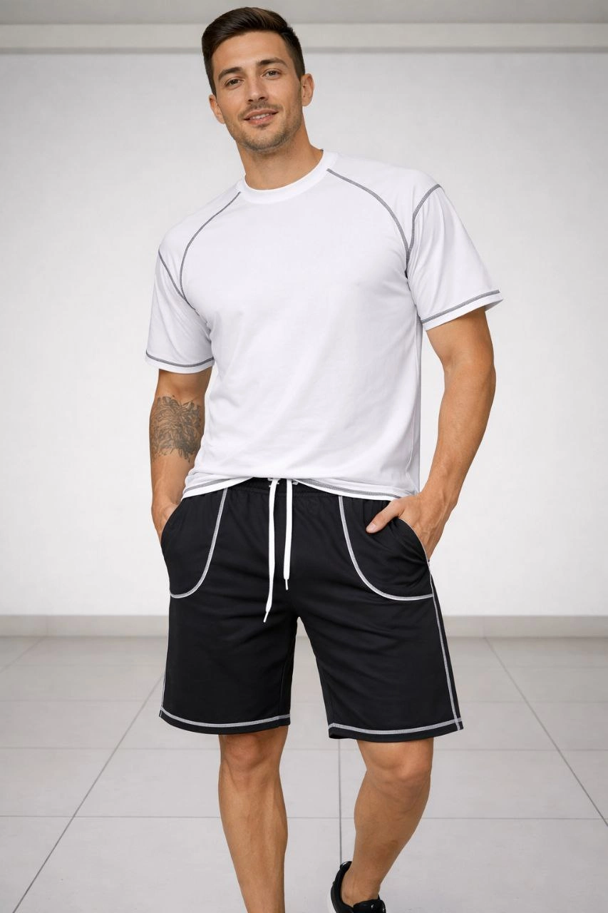 Erkek Kısa Kol Oversize Kalıp Tişört Şort ikili Takım Kontrast Dikişli - Beyaz