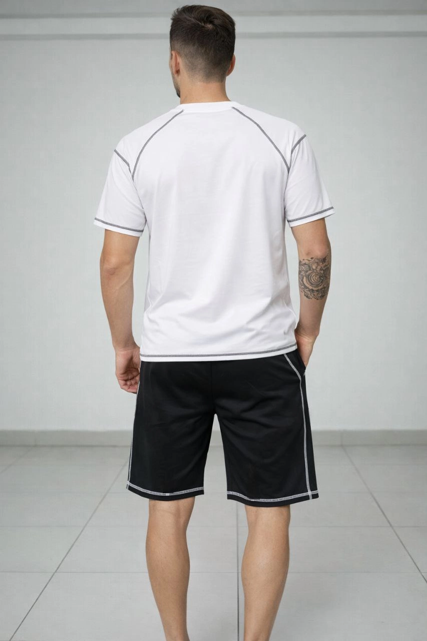 Erkek Kısa Kol Oversize Kalıp Tişört Şort ikili Takım Kontrast Dikişli - Beyaz