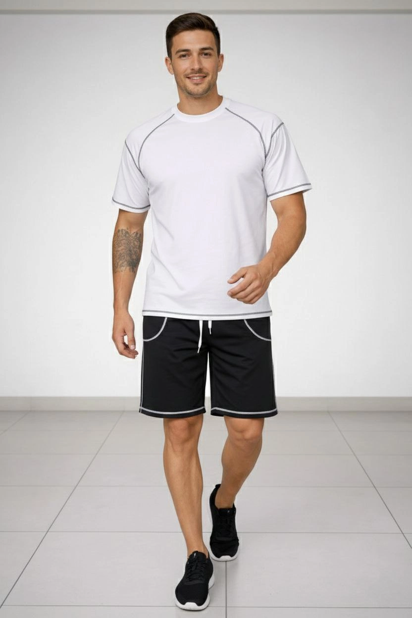 Erkek Kısa Kol Oversize Kalıp Tişört Şort ikili Takım Kontrast Dikişli - Beyaz