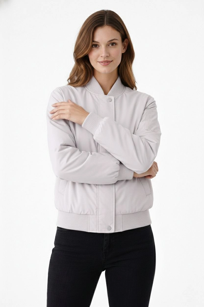 ASSEMA Kadın Premium Bomber Ceket Çıtçıt Kapamalı, Ribana Manşetli, Astarlı, Regular Fit Mont - Beyaz