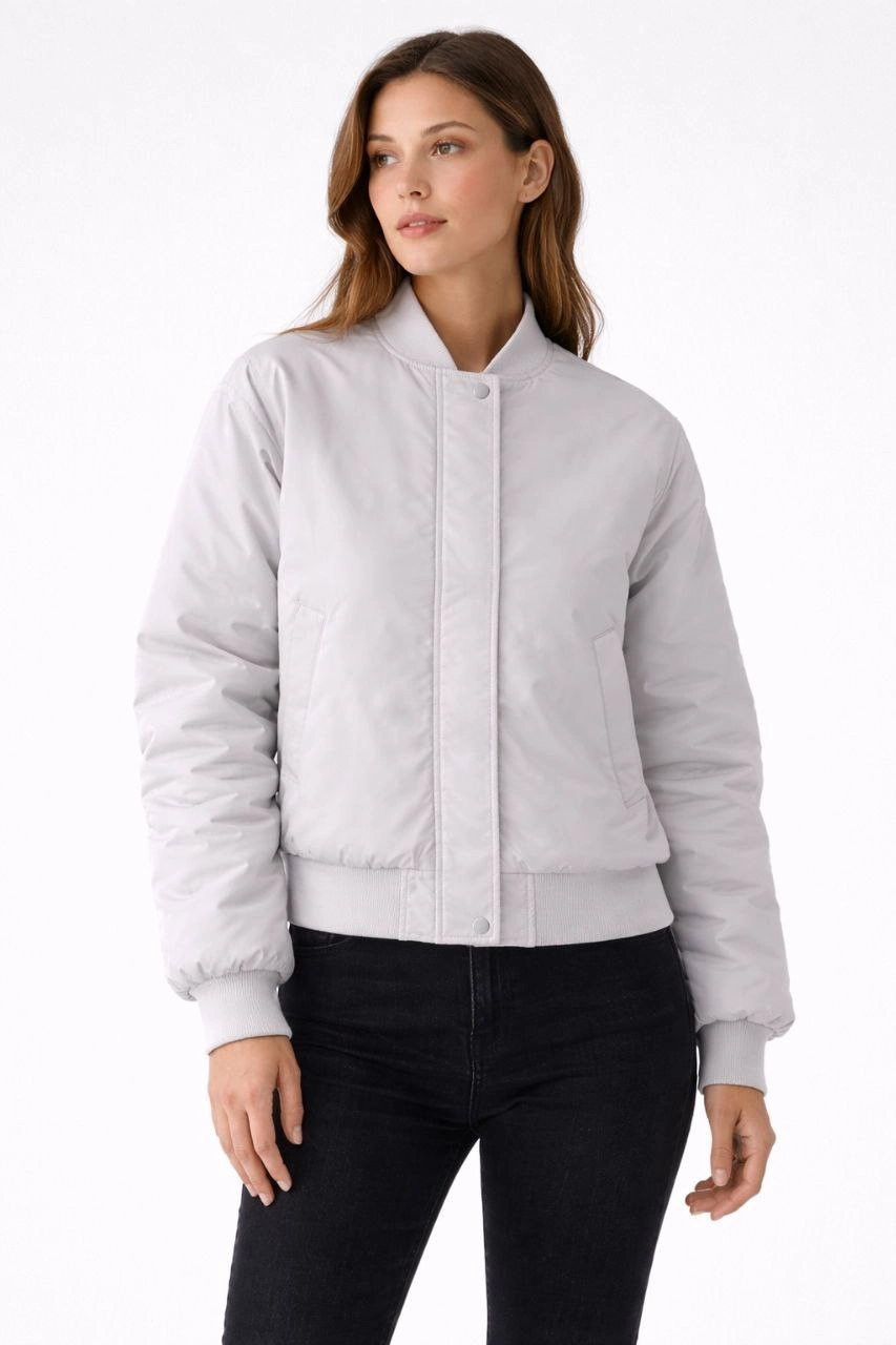 ASSEMA Kadın Premium Bomber Ceket Çıtçıt Kapamalı, Ribana Manşetli, Astarlı, Regular Fit Mont - Beyaz