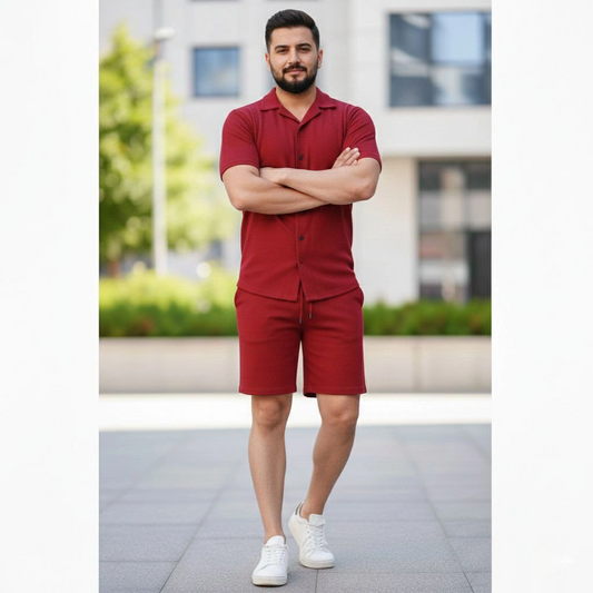 ASSEMA Erkek Waffle Kısa Kollu Gömlek Şort Takım Regular Fit İkili Set - Bordo