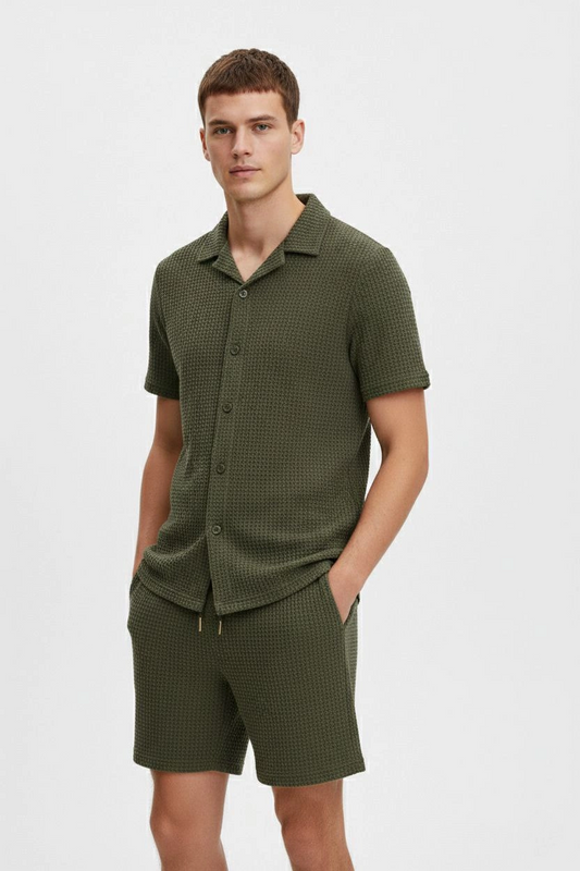 ASSEMA Erkek Waffle Kısa Kollu Gömlek Şort Takım Regular Fit İkili Set - Haki