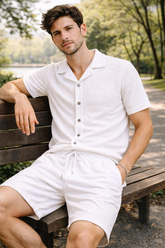 ASSEMA Erkek Waffle Kumaş Kısa Kollu Gömlek Şort Takım Regular Fit Yazlık İkili Set - Beyaz