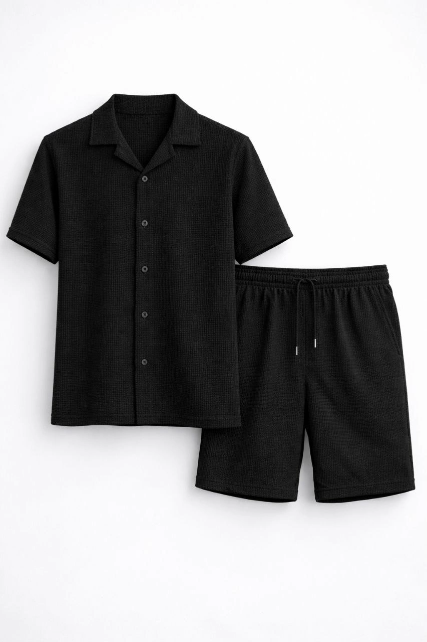 ASSEMA Erkek Waffle Kumaş Kısa Kollu Gömlek Şort Takım Regular Fit Yazlık İkili Set - Siyah