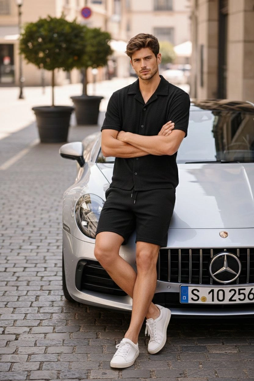 ASSEMA Erkek Waffle Kumaş Kısa Kollu Gömlek Şort Takım Regular Fit Yazlık İkili Set - Siyah