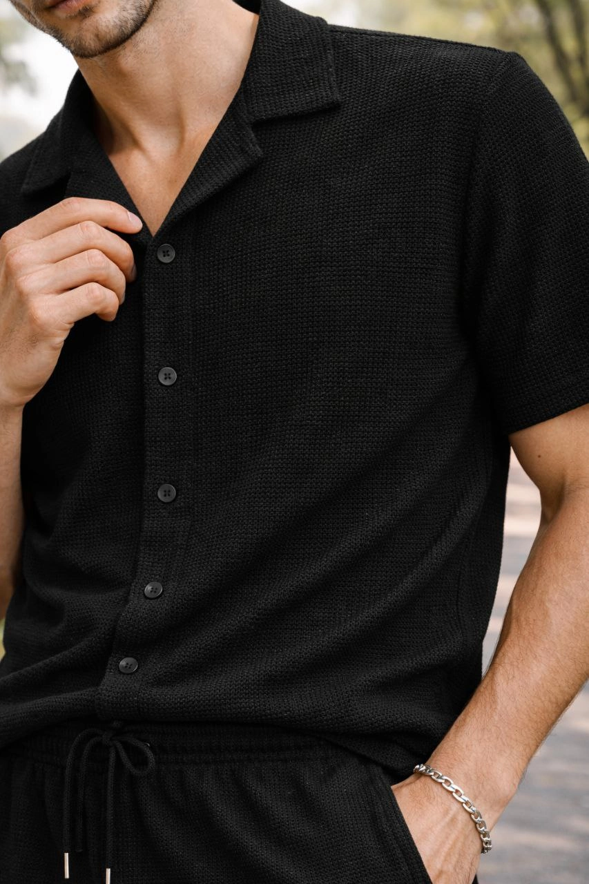 ASSEMA Erkek Waffle Kumaş Kısa Kollu Gömlek Şort Takım Regular Fit Yazlık İkili Set - Siyah
