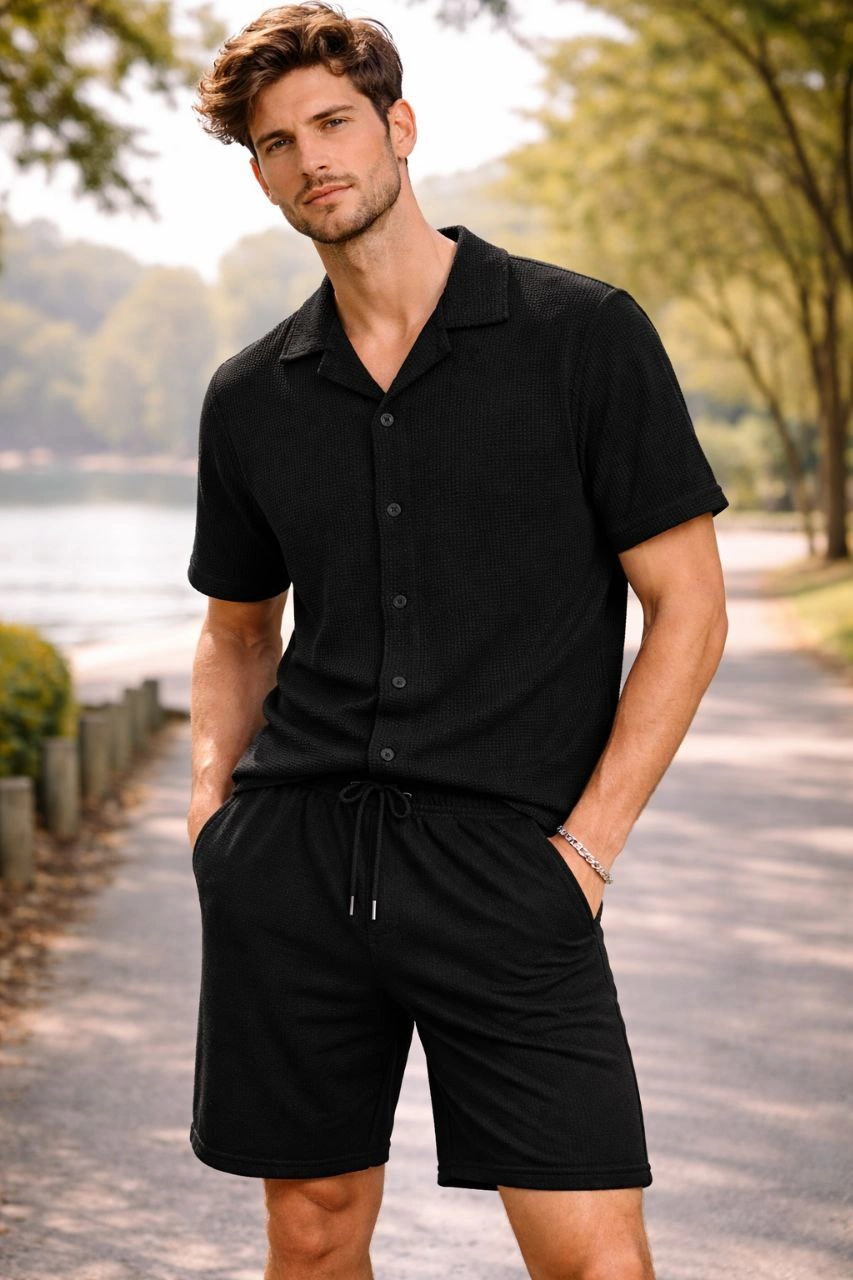 ASSEMA Erkek Waffle Kumaş Kısa Kollu Gömlek Şort Takım Regular Fit Yazlık İkili Set - Siyah