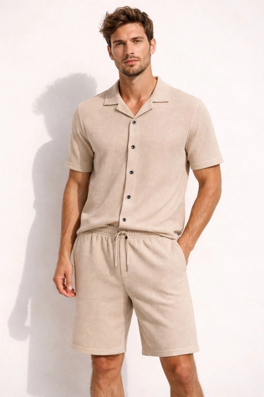ASSEMA Erkek Waffle Kısa Kollu Gömlek Şort Takım Regular Fit İkili Set - Bej