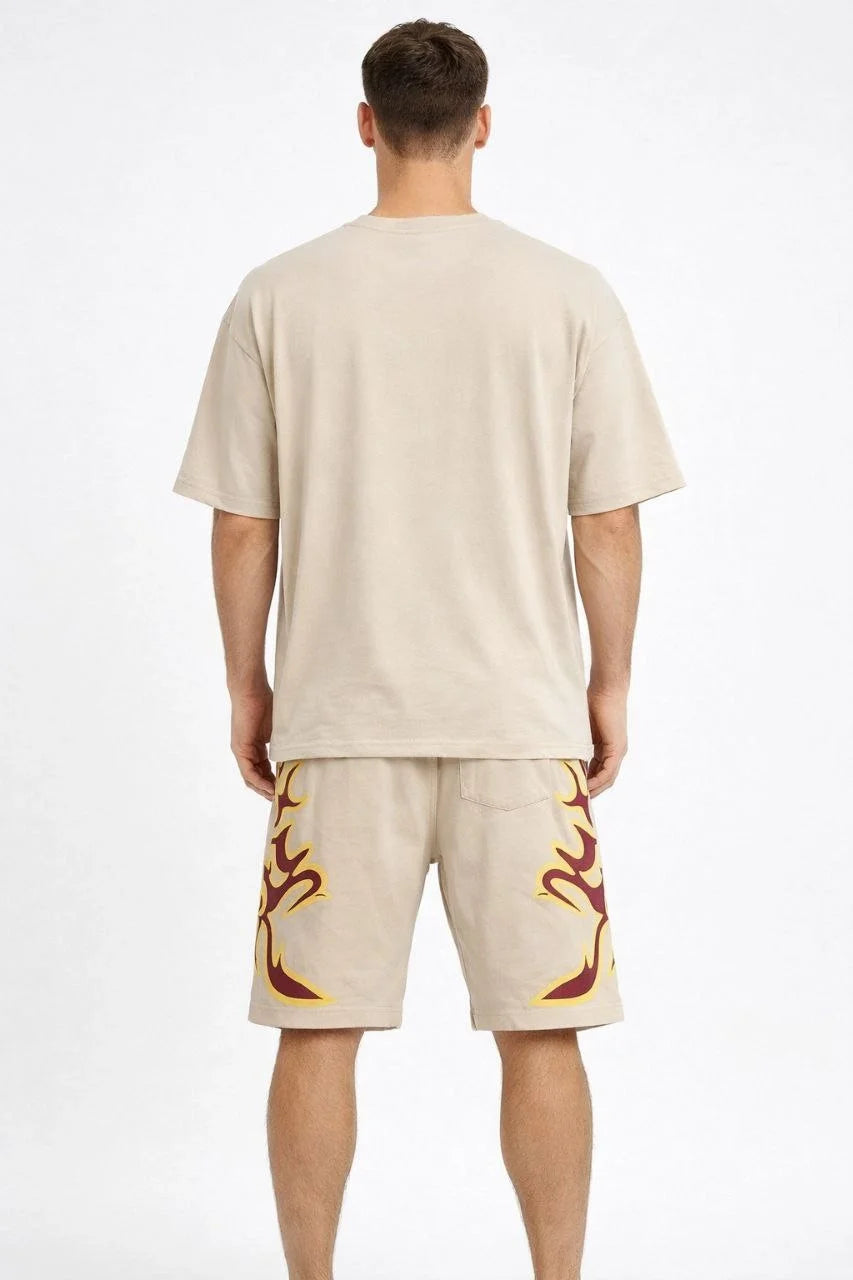 ASSEMA Erkek Bej Oversize Baskılı Tişört Şort Takım Cepli Şort Yazlık Rahat Günlük Kombin - Bej