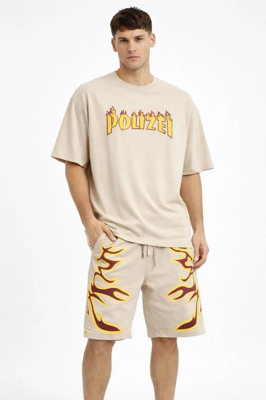 ASSEMA Erkek Bej Oversize Baskılı Tişört Şort Takım Cepli Şort Yazlık Rahat Günlük Kombin - Bej