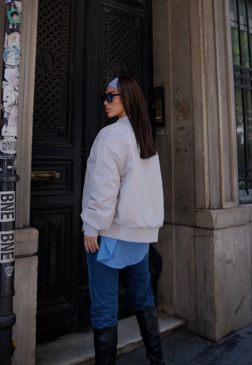 ASSEMA Kadın Prenıum Cepli Bomber Ceket Mont - Beyaz