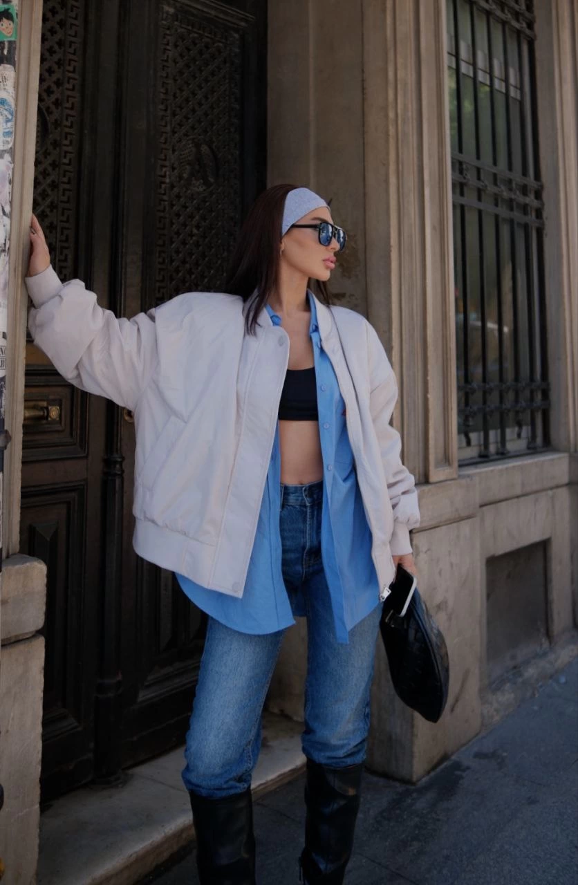 ASSEMA Kadın Prenıum Cepli Bomber Ceket Mont - Beyaz