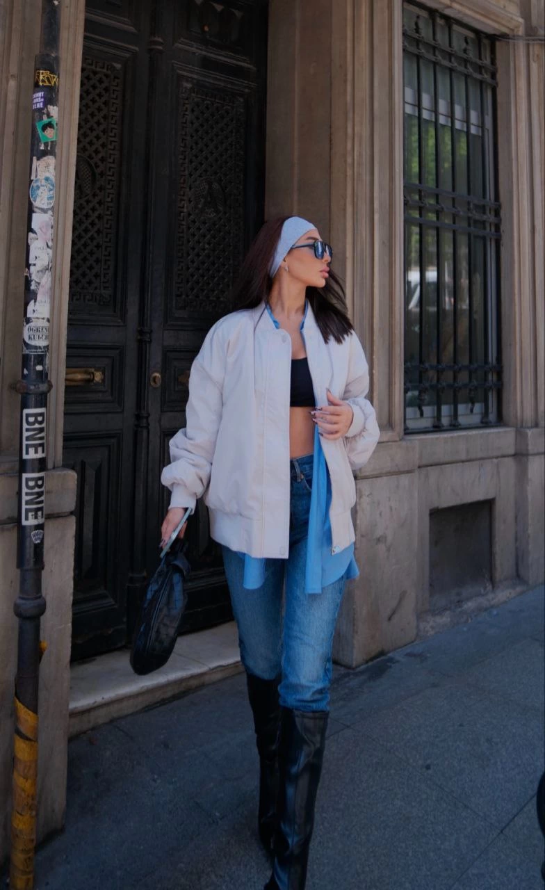 ASSEMA Kadın Prenıum Cepli Bomber Ceket Mont - Beyaz