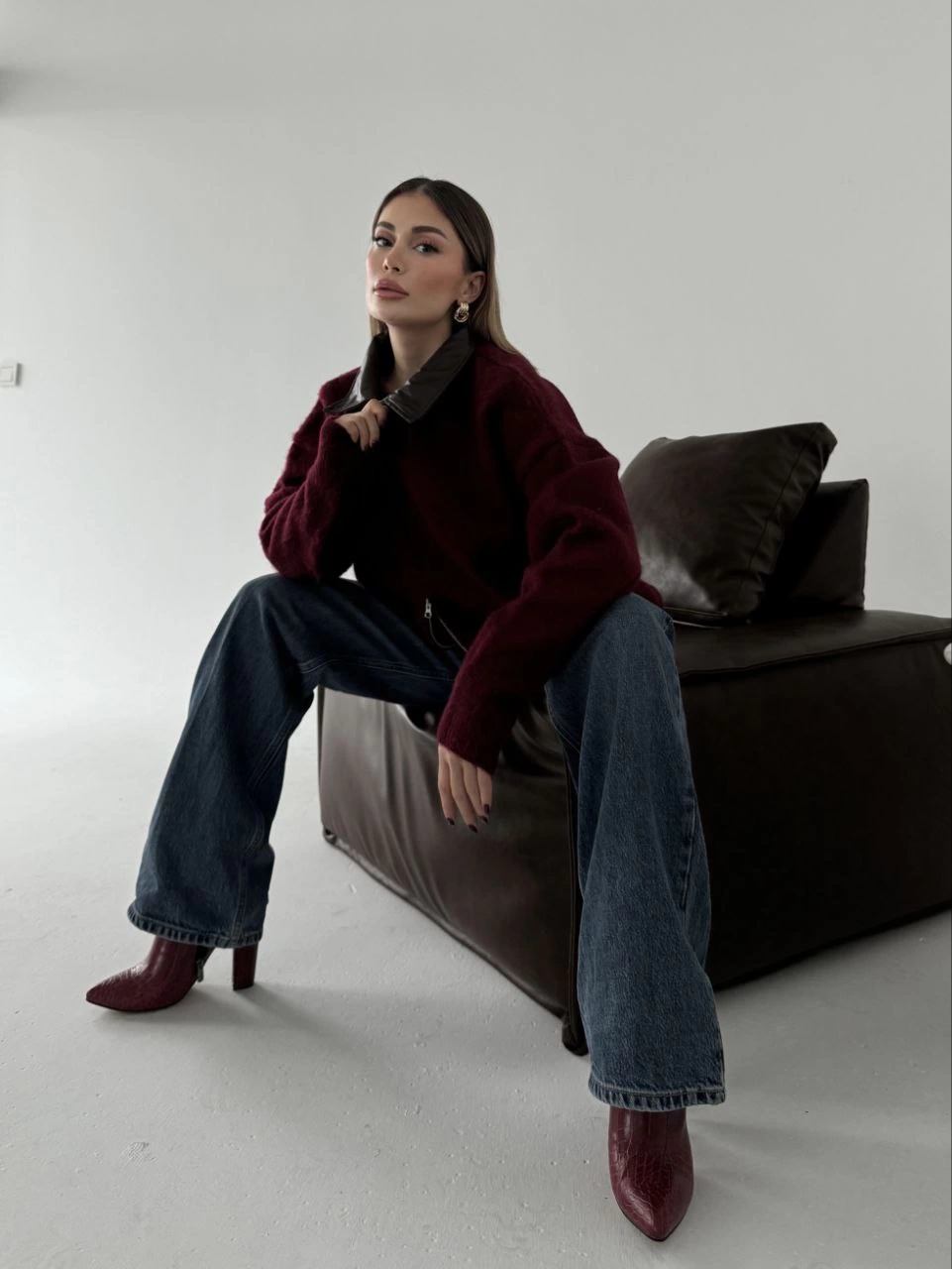 ASSEMA kadın Deri Yakalı Pamuk dokulu Çift Taraflı Çalışan Fermuar Ceket - Bordo