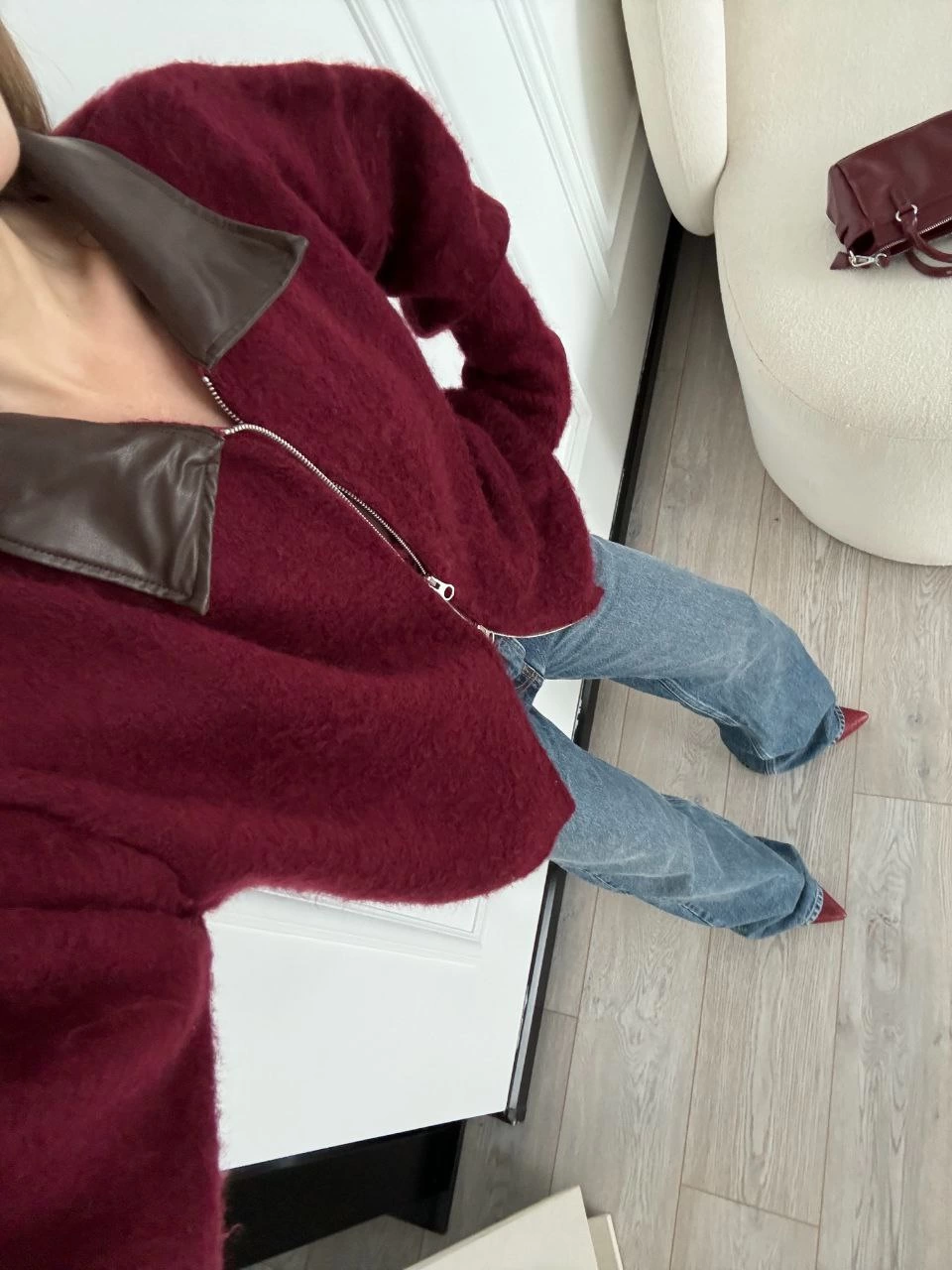 ASSEMA kadın Deri Yakalı Pamuk dokulu Çift Taraflı Çalışan Fermuar Ceket - Bordo