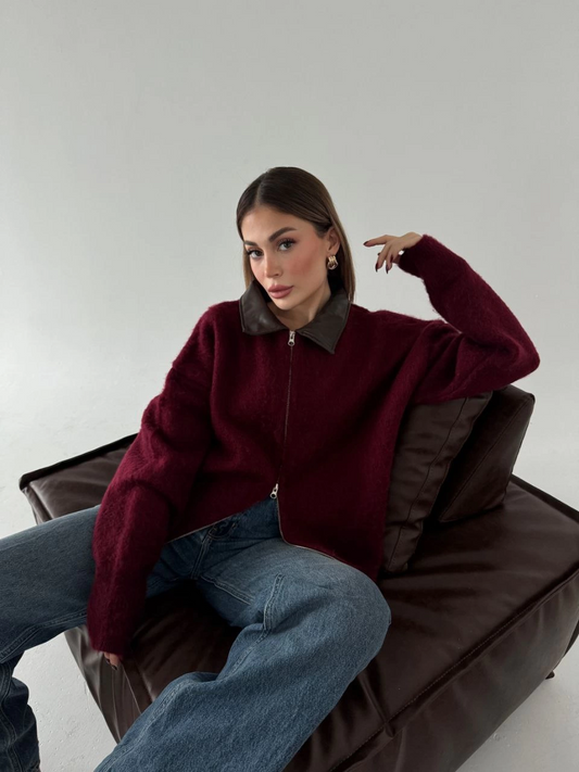 ASSEMA kadın Deri Yakalı Pamuk dokulu Çift Taraflı Çalışan Fermuar Ceket - Bordo