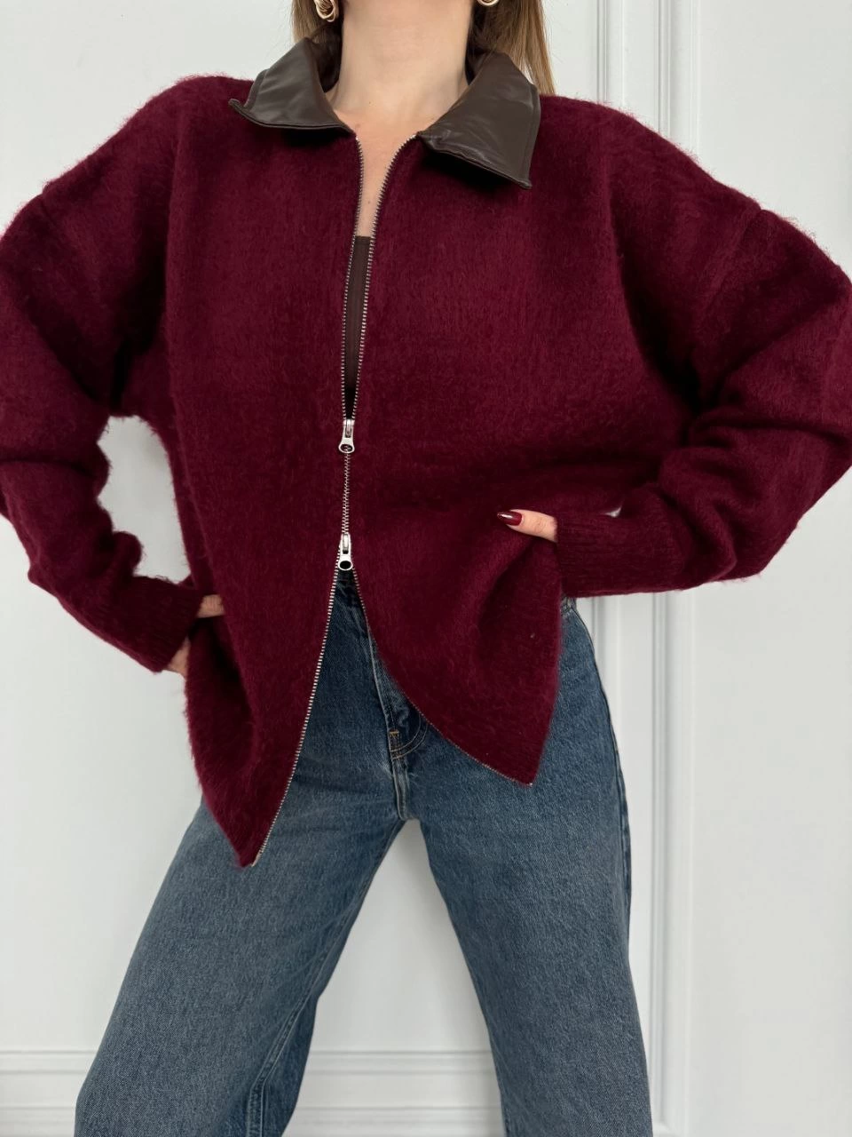 ASSEMA kadın Deri Yakalı Pamuk dokulu Çift Taraflı Çalışan Fermuar Ceket - Bordo