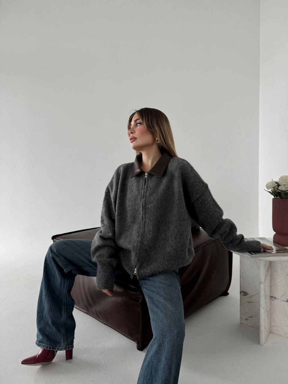 ASSEMA Kadın Deri Yakalı Pamuk dokulu Çift Taraflı Çalışan Fermuar Ceket - Füme