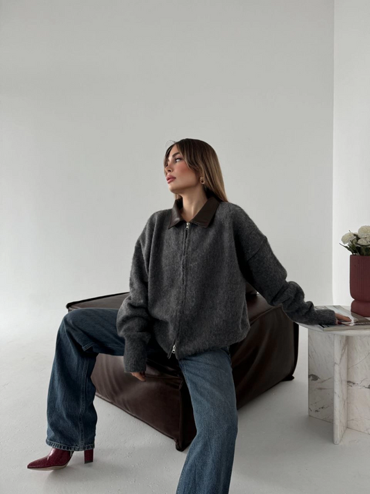 ASSEMA Kadın Deri Yakalı Pamuk dokulu Çift Taraflı Çalışan Fermuar Ceket - Füme