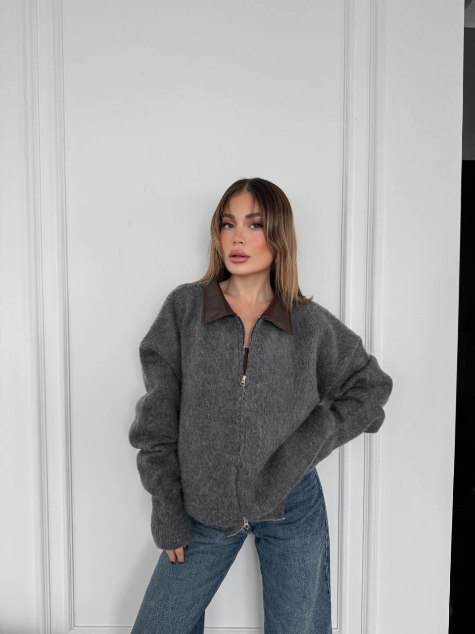 ASSEMA Kadın Deri Yakalı Pamuk dokulu Çift Taraflı Çalışan Fermuar Ceket - Füme