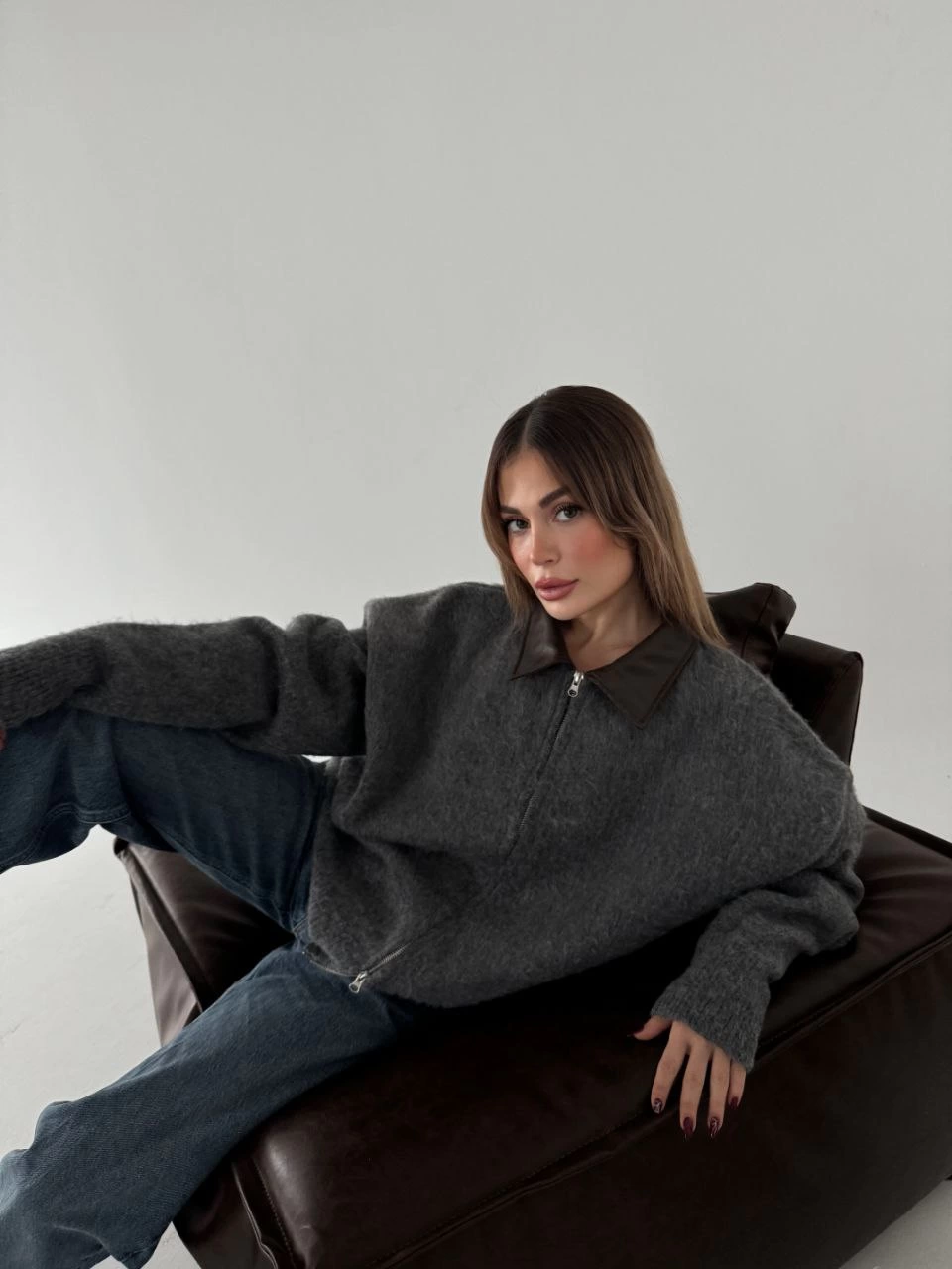 ASSEMA Kadın Deri Yakalı Pamuk dokulu Çift Taraflı Çalışan Fermuar Ceket - Füme