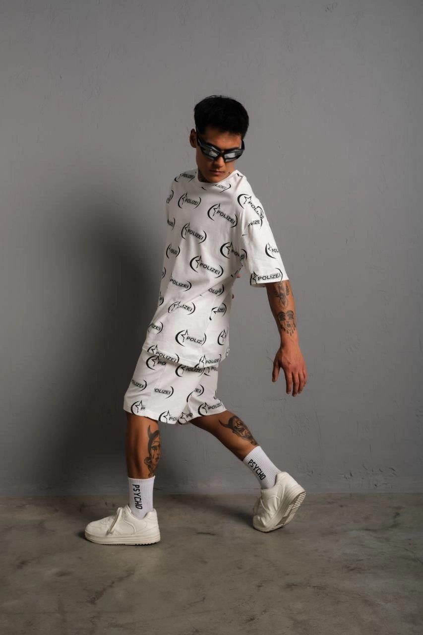 ASSEMA Erkek Baskılı İkili Şortlu Alt-Üst Takım - Beyaz