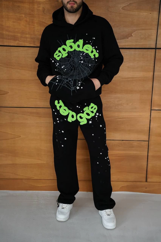 ASSEMA Erkek Kapüşonlu Eşofman Takım Örümcek Ağı ve Neon Yeşil Baskılı Kanguru cepli - Siyah