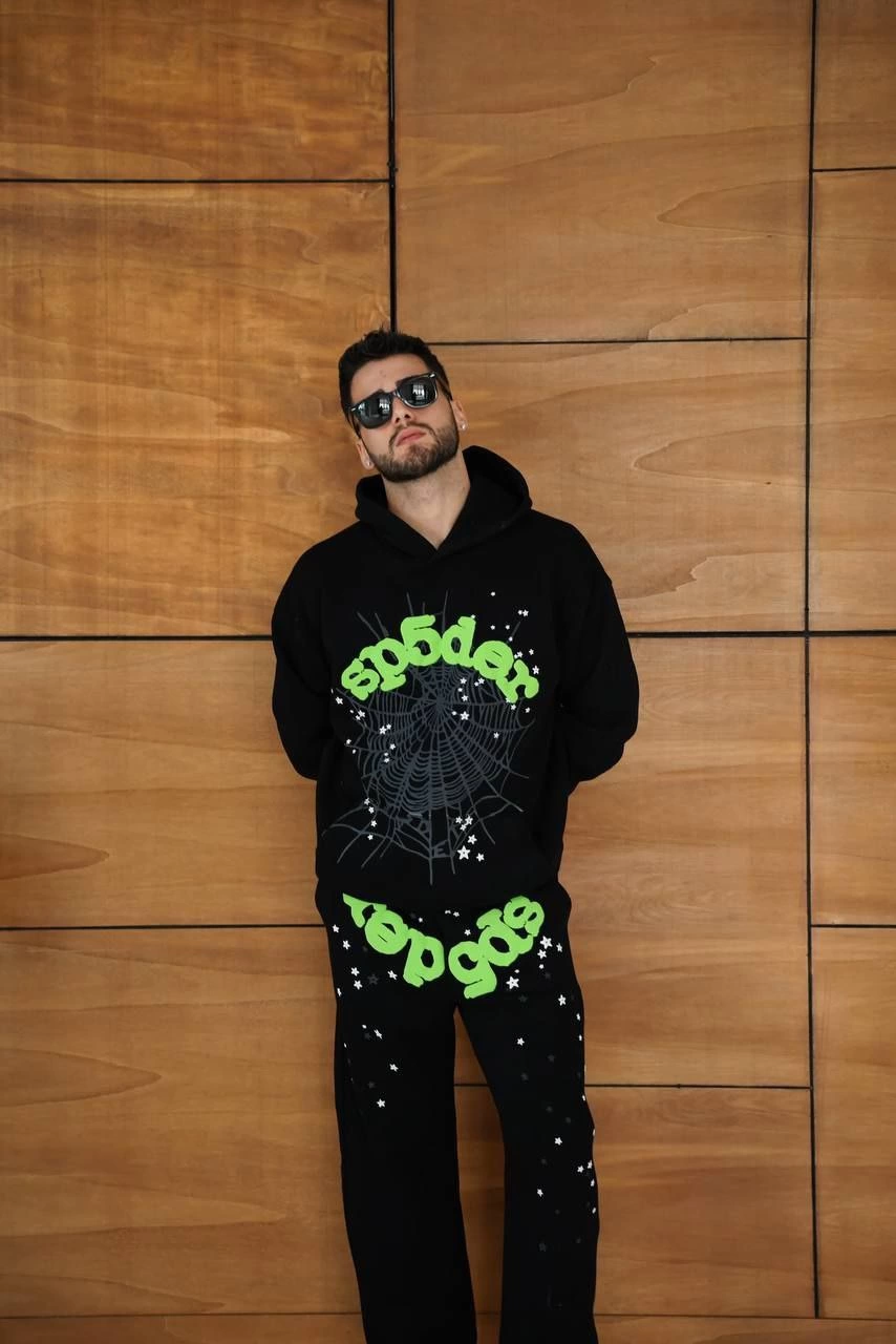 ASSEMA Erkek Kapüşonlu Eşofman Takım Örümcek Ağı ve Neon Yeşil Baskılı Kanguru cepli - Siyah