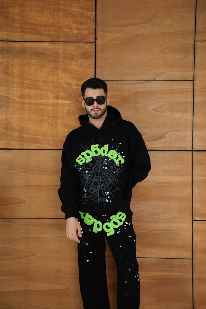 ASSEMA Erkek Kapüşonlu Eşofman Takım Örümcek Ağı ve Neon Yeşil Baskılı Kanguru cepli - Siyah