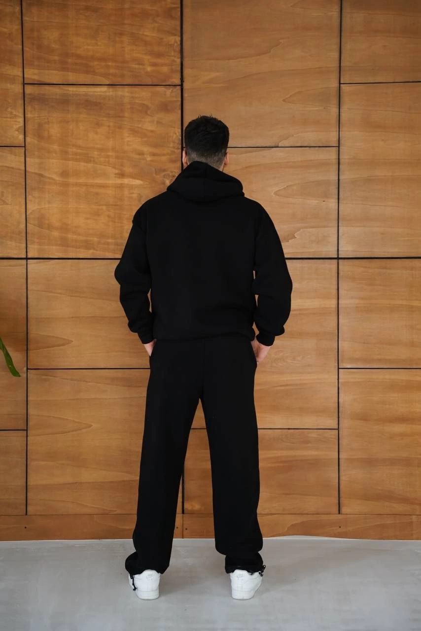 ASSEMA Erkek Kapüşonlu Eşofman Takım Örümcek Ağı ve Neon Yeşil Baskılı Kanguru cepli - Siyah