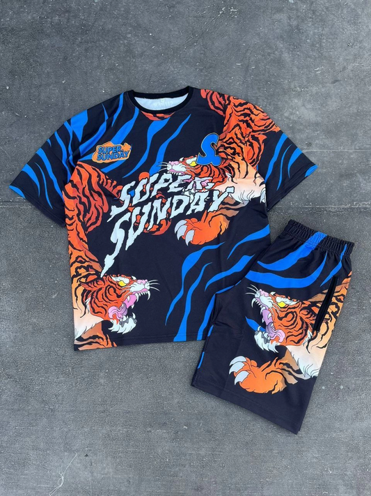 ASSEMA Erkek Dijital Baskılı Şortlu Kısa kol Alt-Üst Takım - Mavi