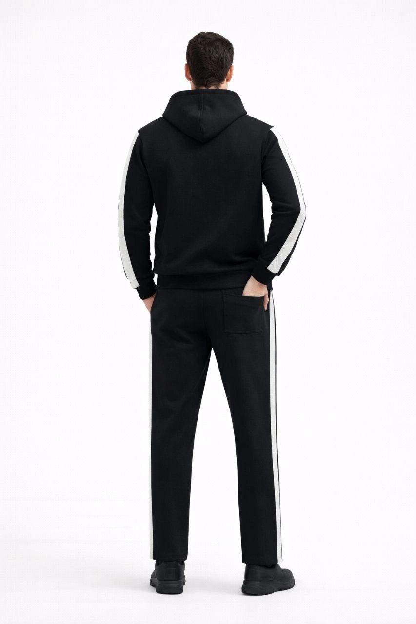 ASSEMA Erkek Şeritli Eşofman Takım Kapüşonlu Sweatshirt Boru Paça Alt, Oversize 3 iplik Pamuklu - Siyah