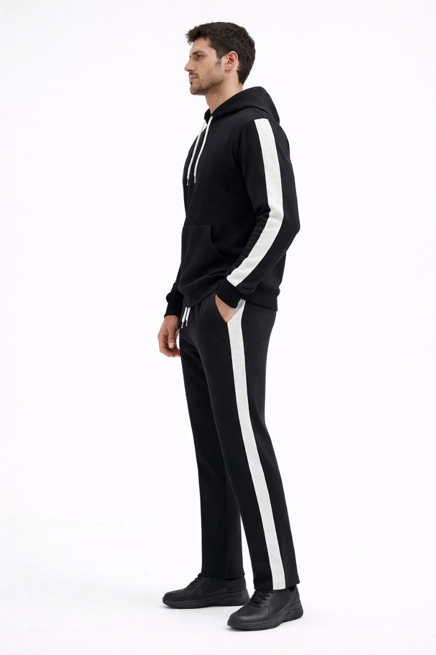 ASSEMA Erkek Şeritli Eşofman Takım Kapüşonlu Sweatshirt Boru Paça Alt, Oversize 3 iplik Pamuklu - Siyah