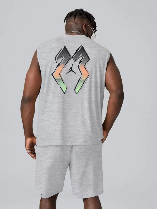 ASSEMA Erkek Sırt Baskılı Sıfır Kol İkili Şort Alt-Üst Takım - Gri