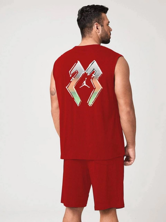 ASSEMA Erkek Sırt Baskılı Sıfır Kol İkili Şort Alt-Üst Takım - Kırmızı