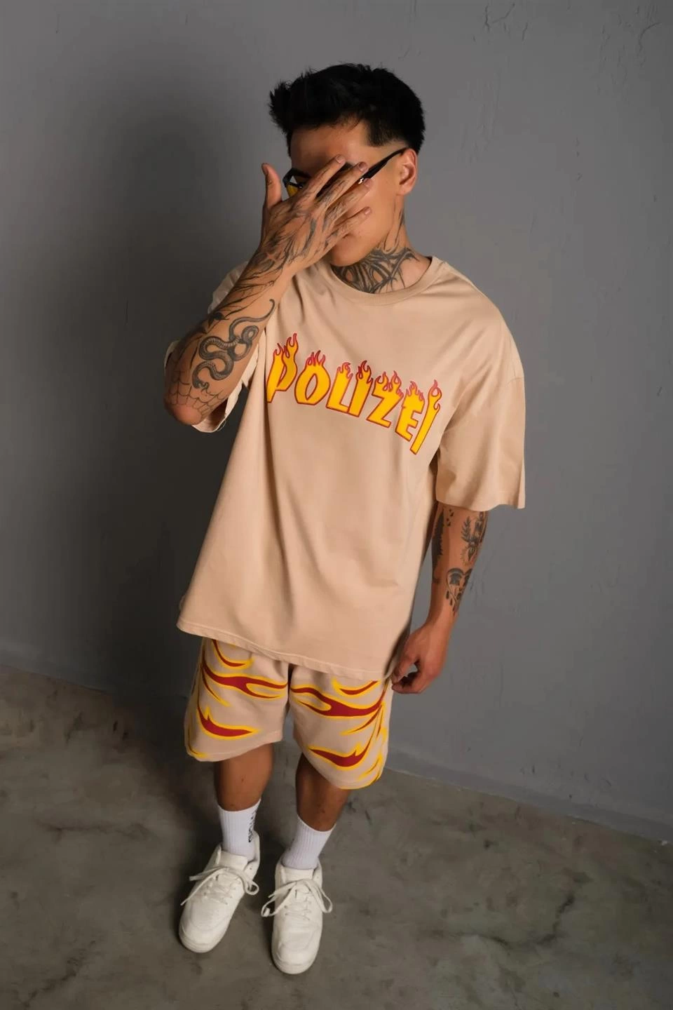 ASSEMA Erkek Alev Baskılı İkili Şortlu Takım - Bej