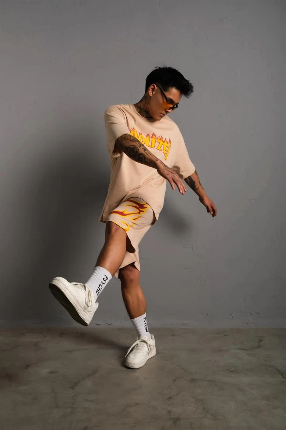 ASSEMA Erkek Alev Baskılı İkili Şortlu Takım - Bej