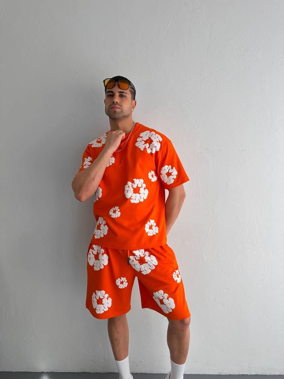 ASSEMA Erkek İki İplik Kumaş Baskılı T-shirt Şortlu Alt-Üst Takım- Turuncu