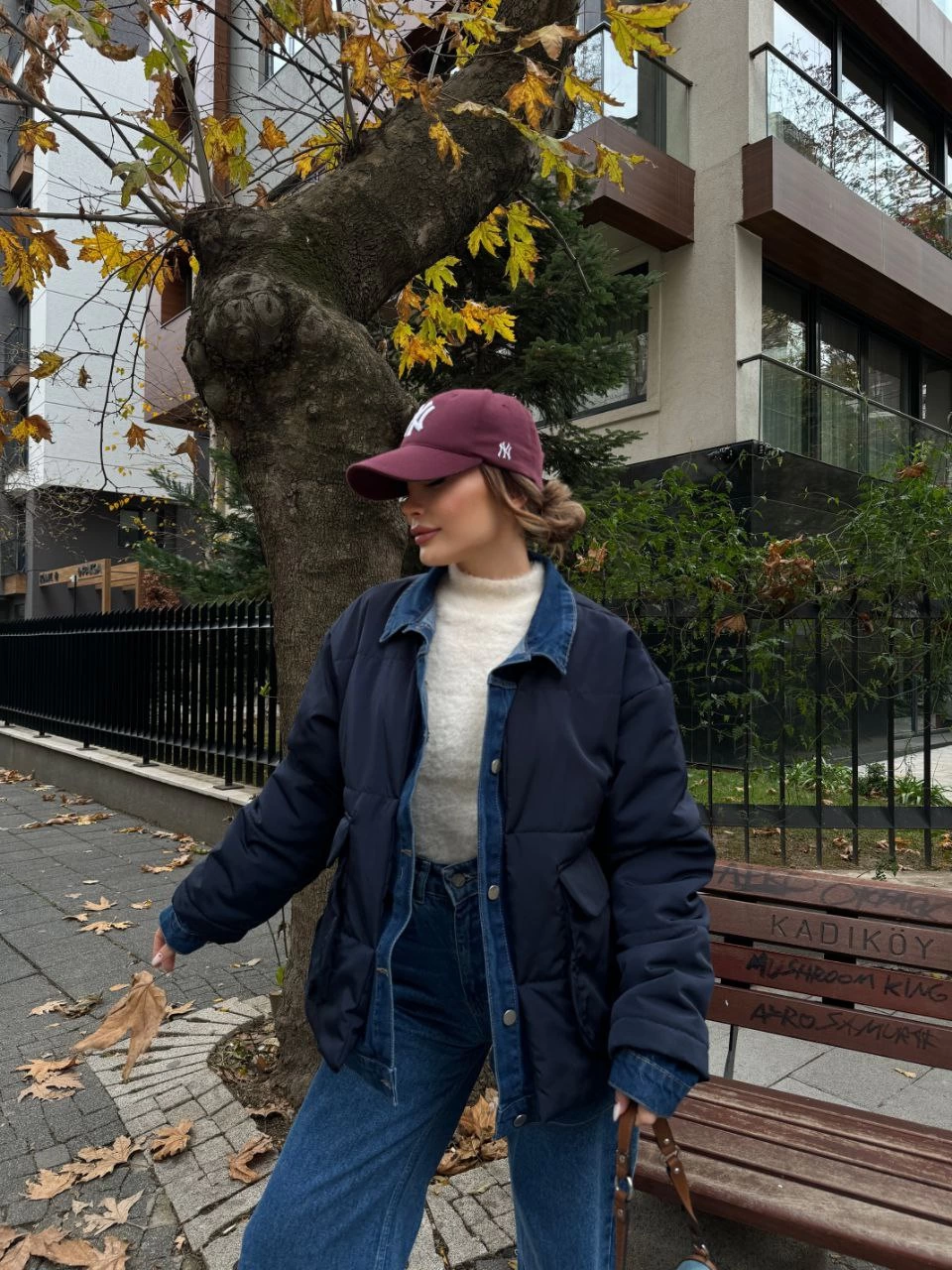 ASSEMA Kadın Jeans Detaylı Cıtcıtlı Ceket Mont - Lacivert